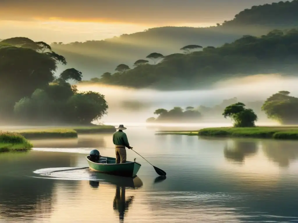 Pescador al amanecer en río de Uruguay, reflejos dorados en el agua