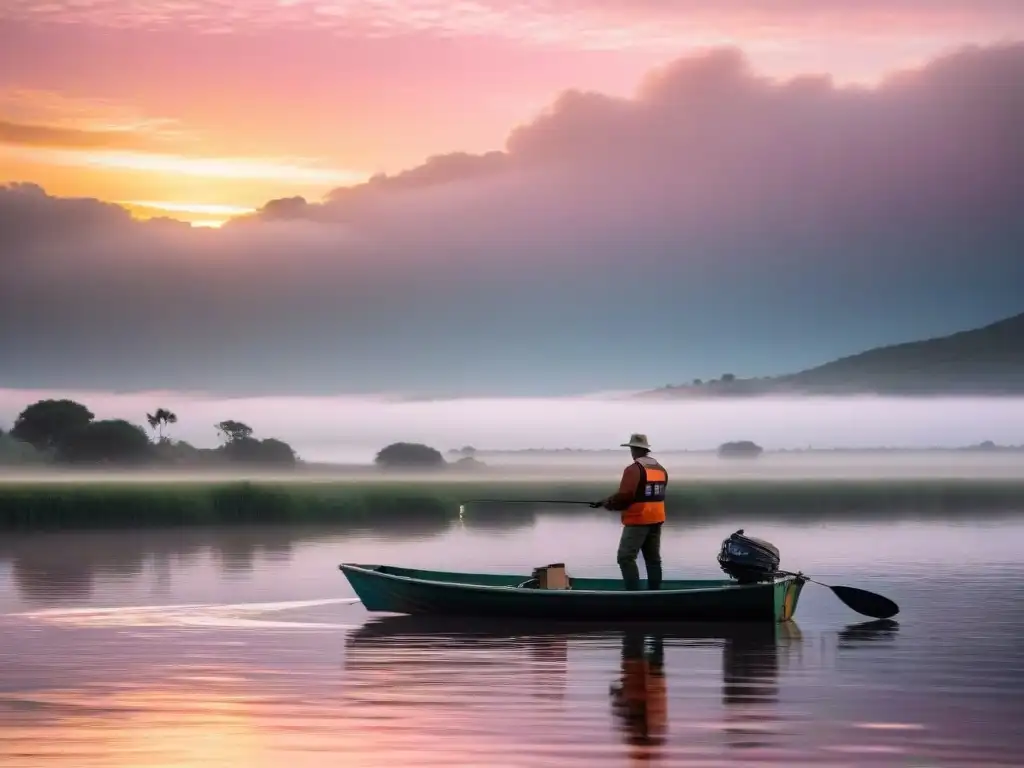 Pescador solitario disfruta de un amanecer sereno en río uruguayo