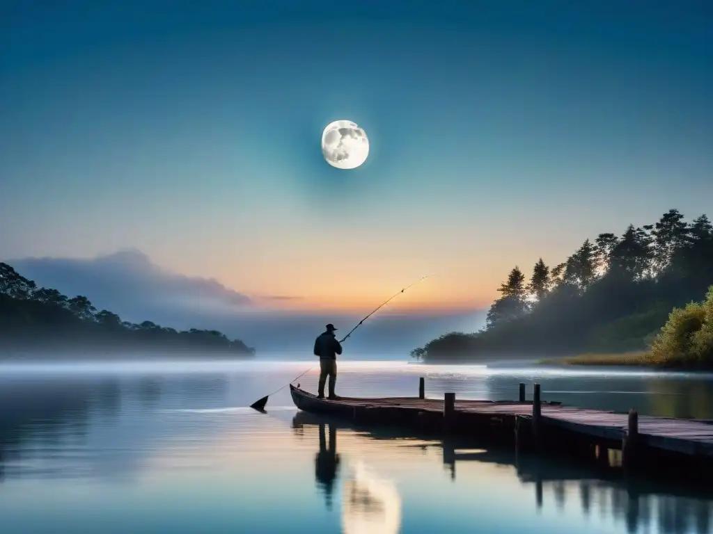 Un pescador solitario lanza su anzuelo bajo la luna llena en un escenario sereno junto al agua, capturando la magia de pescar bajo las fases lunares