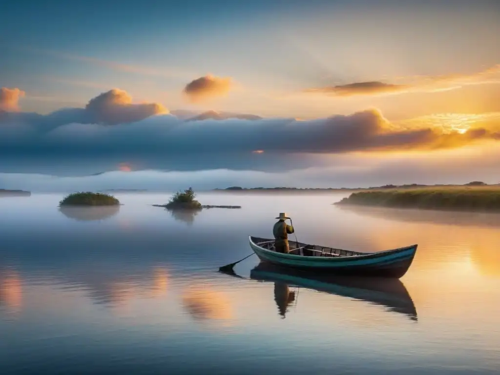 Pescador solitario en bote de madera pesca al amanecer en el Río Uruguay, reflejando el cielo dorado sobre el agua