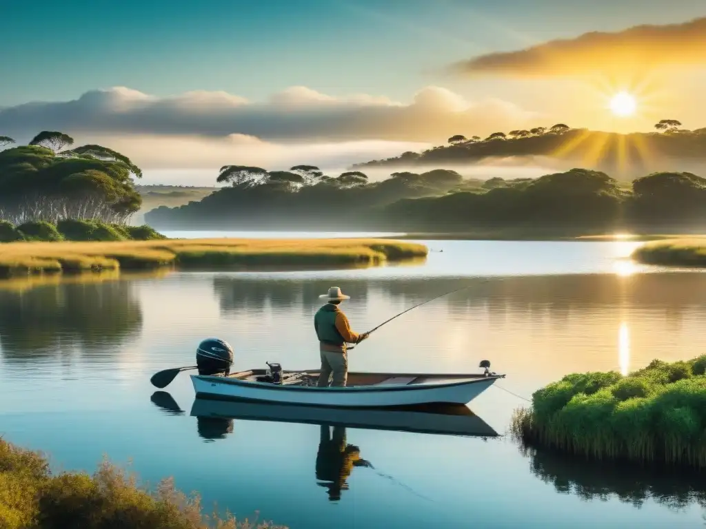 Un pescador solitario se concentra en su caña en un lago sereno al atardecer en Uruguay