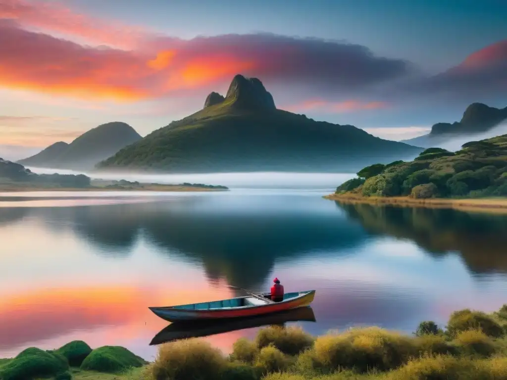 Un pescador solitario en un lago al atardecer en Uruguay