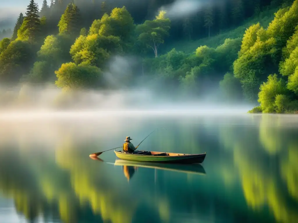 Un pescador solitario en un lago al amanecer con neblina sobre el agua, rodeado de árboles verdes, reflejando en el agua tranquila