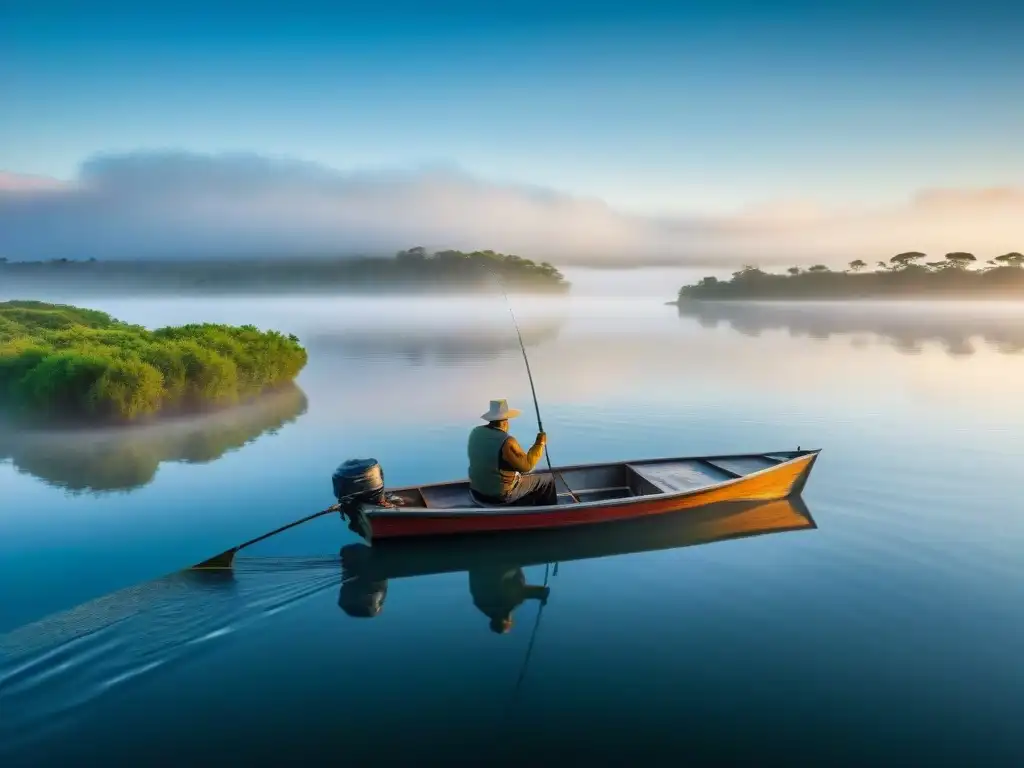 Un pescador solitario en un lago tranquilo al amanecer en Uruguay