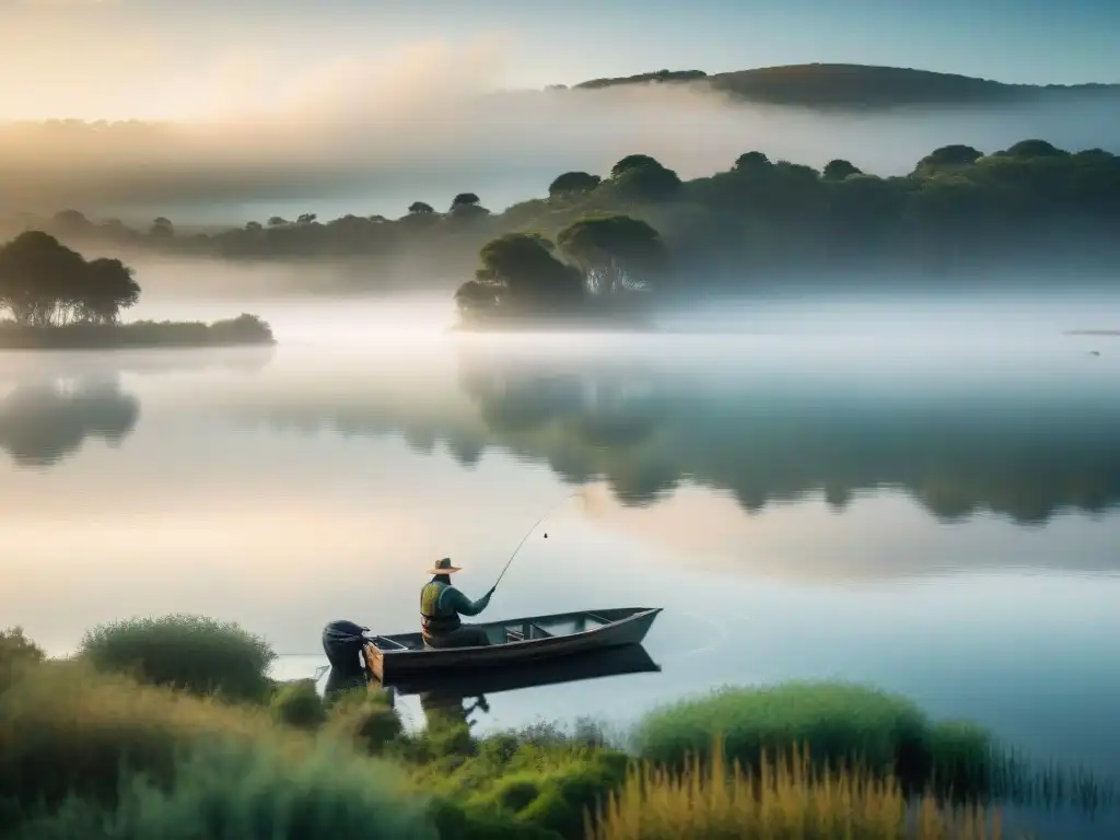 Pescador solitario en un lago uruguayo al amanecer, rodeado de naturaleza exuberante y la suave luz del sol naciente