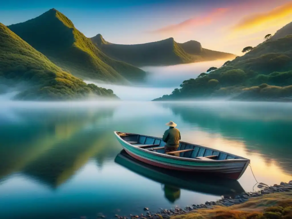 Un pescador solitario en Laguna Garzón al amanecer, reflejando la serenidad de los mejores lugares de pesca deportiva en Uruguay