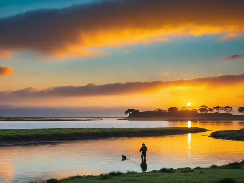 Pescador solitario en orilla del Uruguay bajo atardecer dorado reflejado en río sereno