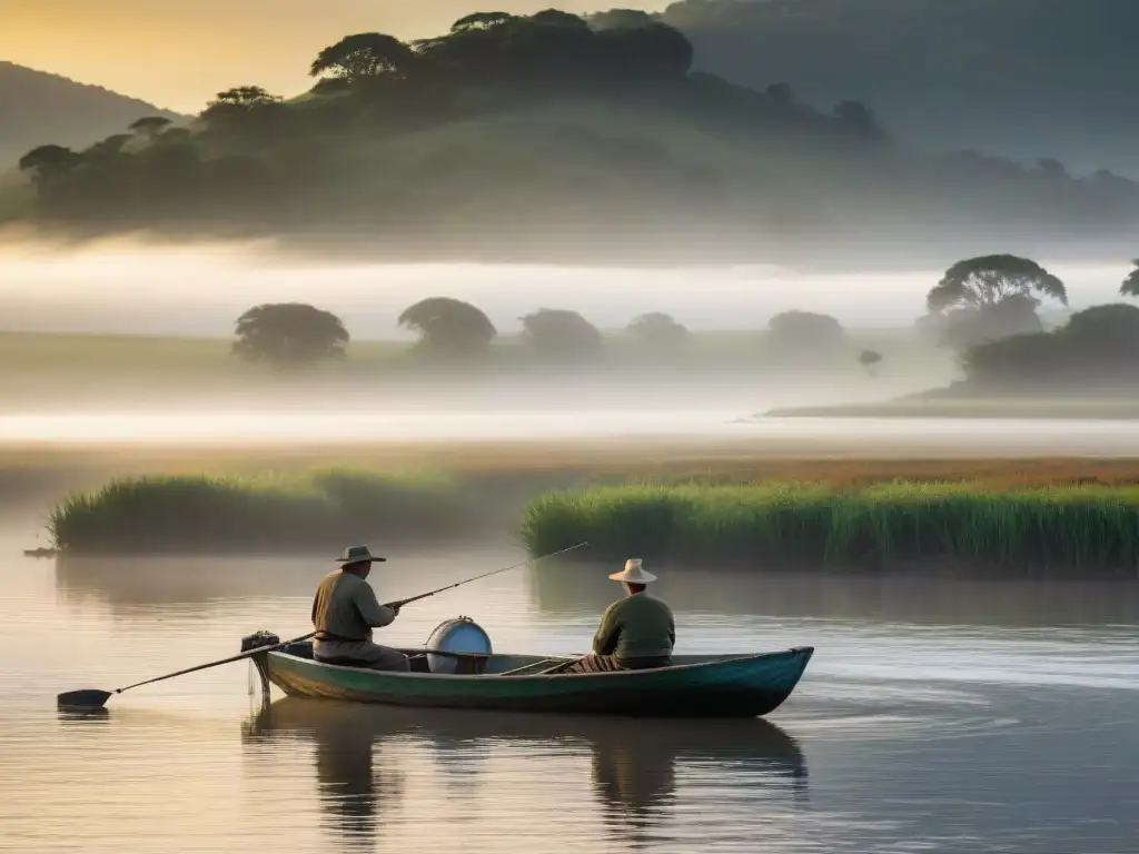 Un pescador solitario en un pequeño bote de madera al amanecer en el Río Uruguay