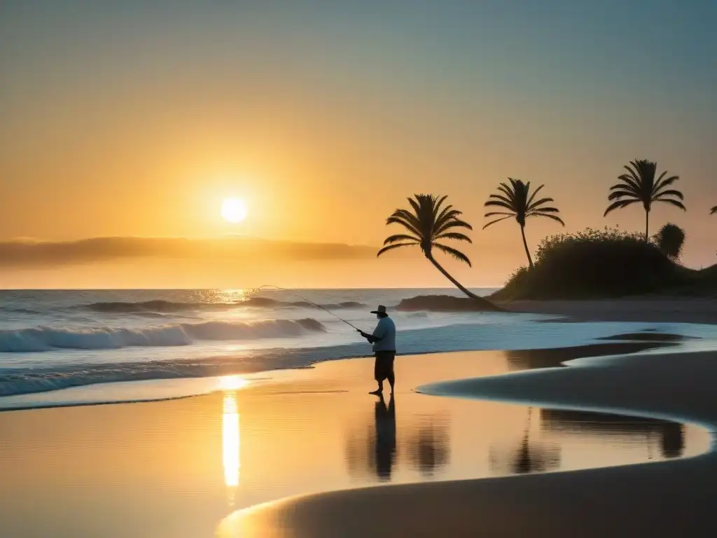 Un pescador solitario pesca desde la orilla en Uruguay al atardecer en una playa serena