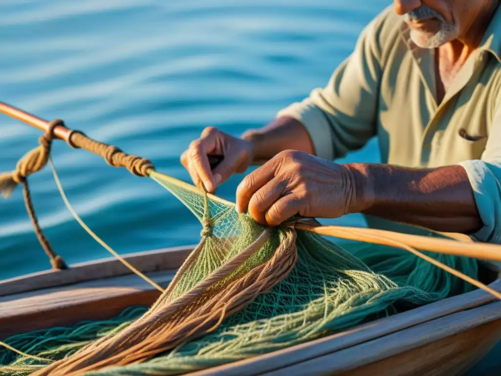 Un pescador uruguayo auténtico preparando su red de pesca en un bote de madera al amanecer