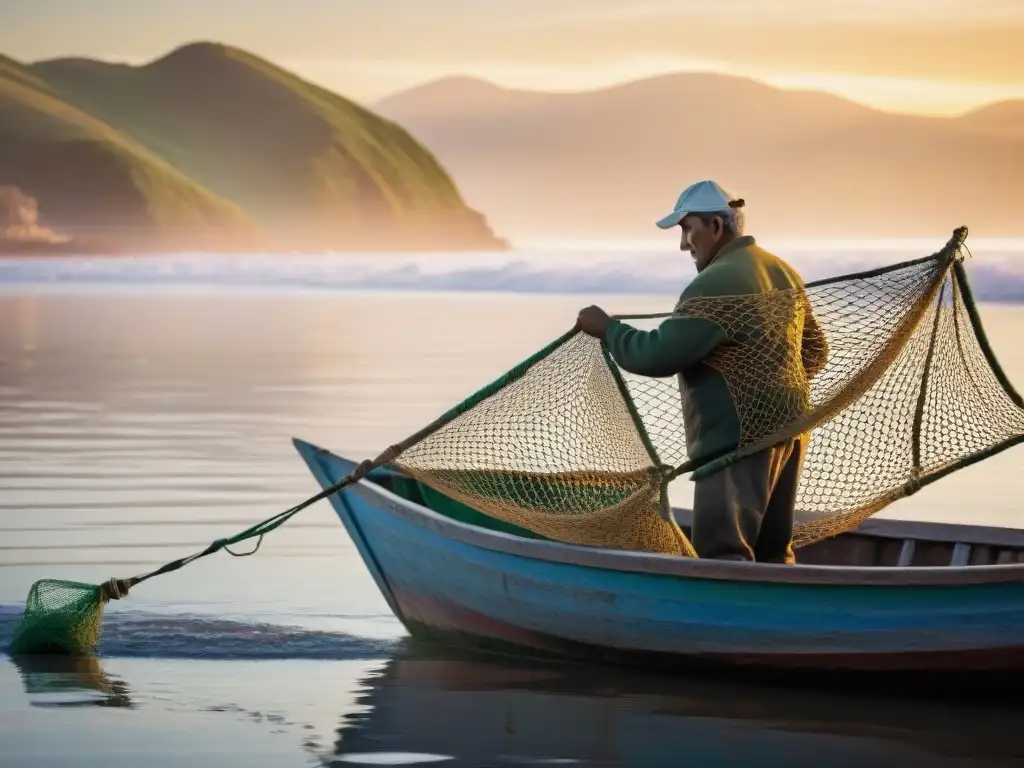 Pescador uruguayo en bote de madera al amanecer, lanzando una red en aguas tranquilas