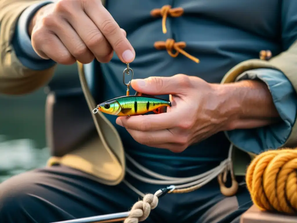 Un pescador uruguayo experto mejora técnica pesca deportiva Uruguay atando cebo con destreza