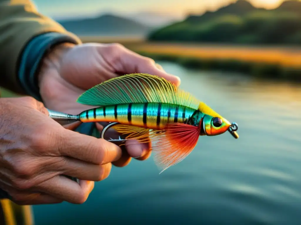 Un pescador uruguayo experto en pesca con mosca ata con destreza un señuelo colorido, mostrando detalles intrincados