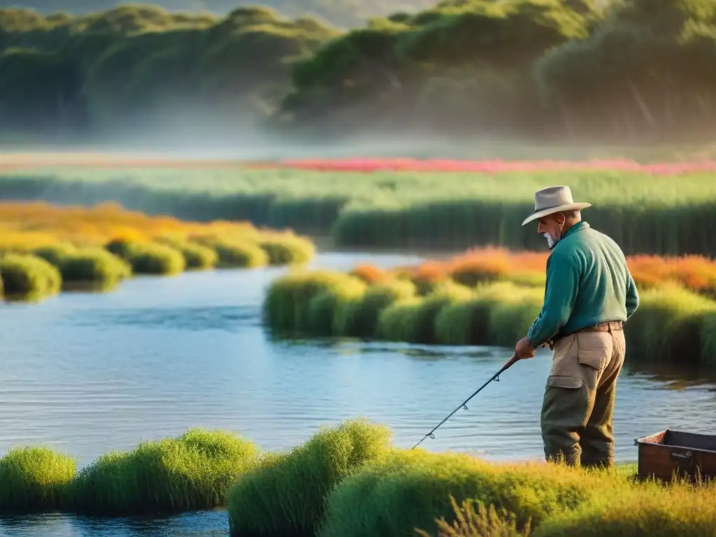 Un pescador uruguayo experto en acción, rodeado de naturaleza y equipamiento pesca auténtica Uruguay