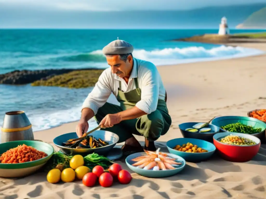 Un pescador uruguayo prepara un manjar costero con ingredientes frescos, capturando la esencia de la cocina costera uruguaya secretos