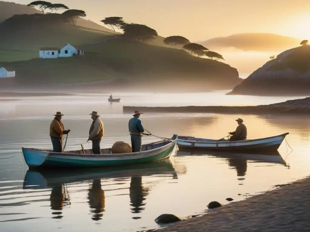 Pescadores artesanales uruguayos reparando redes al amanecer en un pueblo costero