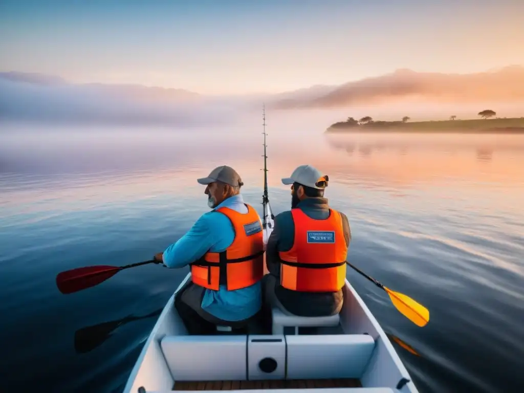 Pescadores en Uruguay con chalecos naranjas en un bote al atardecer, destacando consejos seguridad pesca deportiva Uruguay