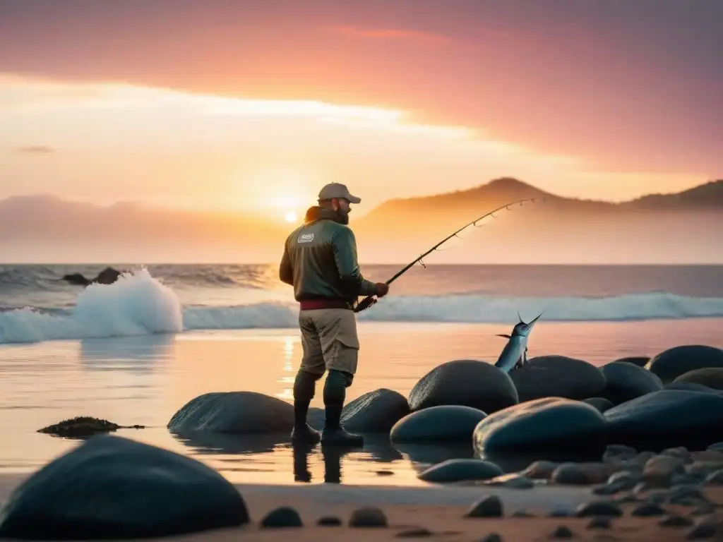 Pescadores en la costa al amanecer con trofeos de pesca deportiva en Uruguay