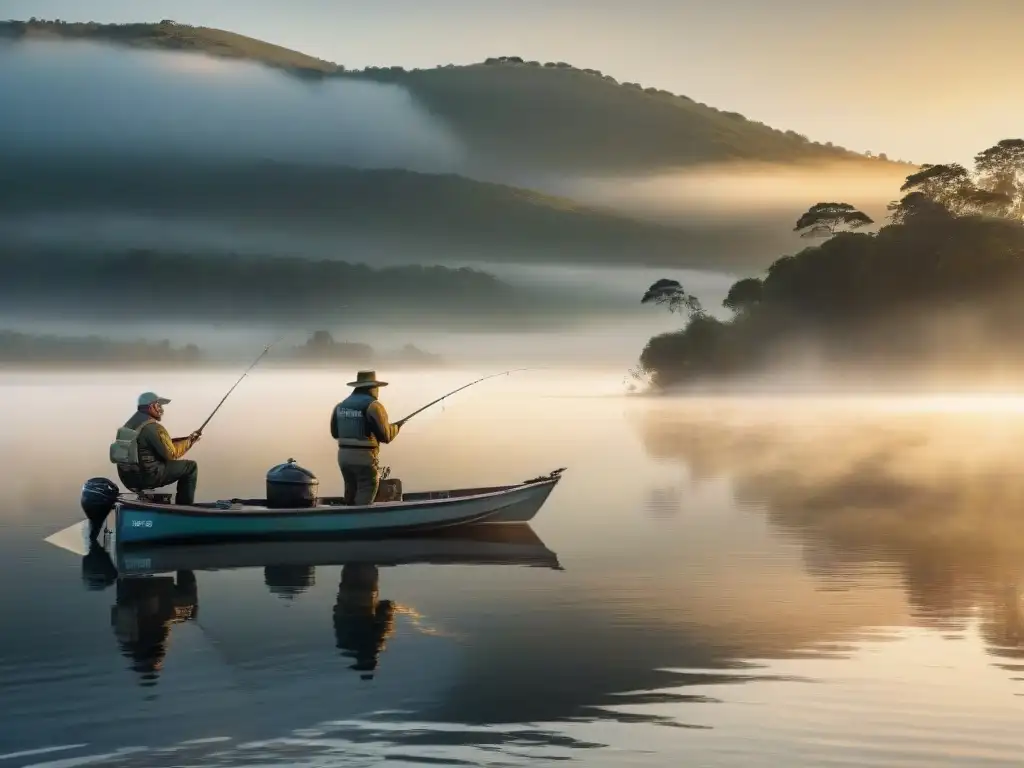 Pescadores deportivos en lago uruguayo al amanecer, con mistica y emoción