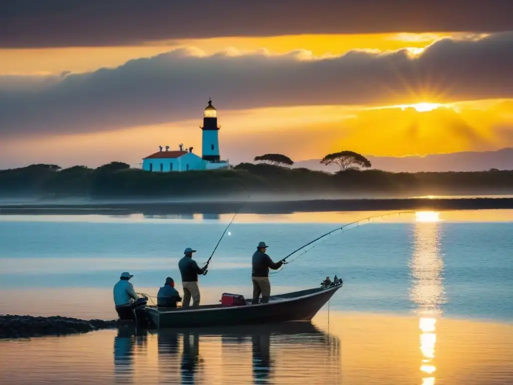 Pescadores entusiastas en un atardecer vibrante sobre el Río de la Plata en Uruguay