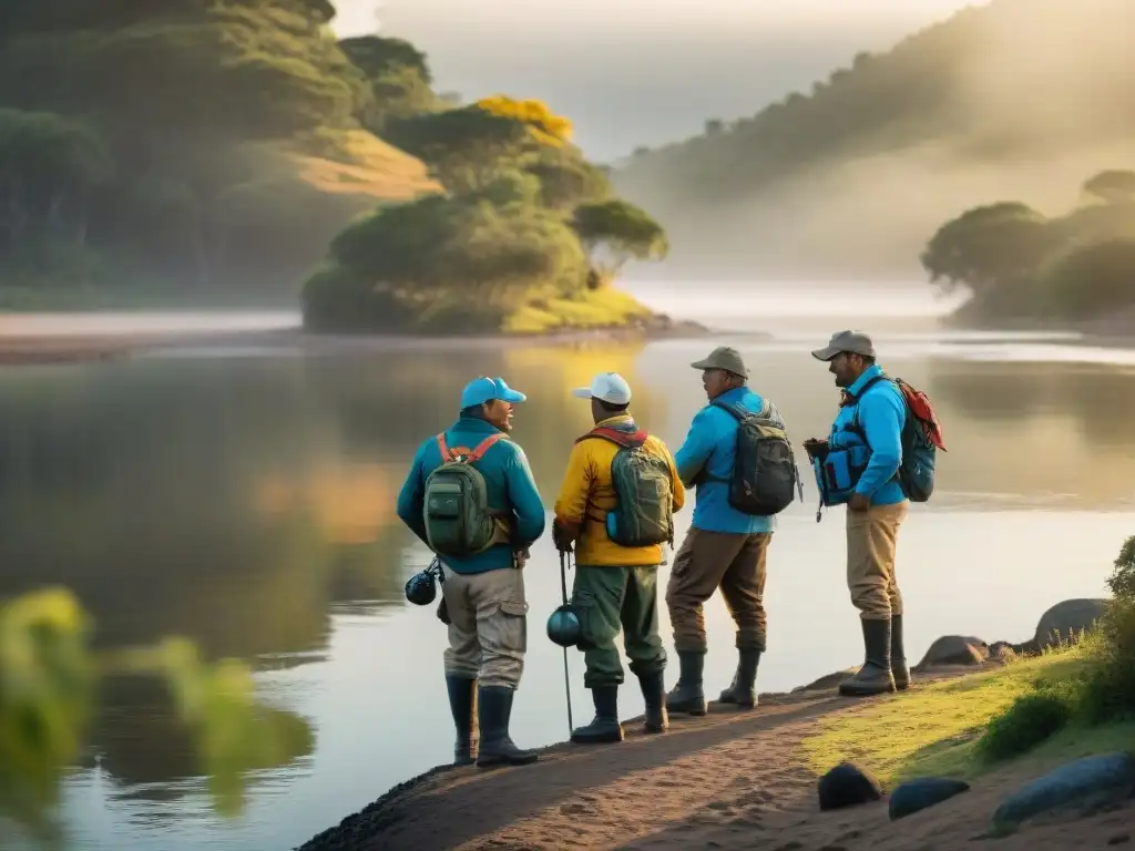 Pescadores entusiastas con equipamiento pesca deportiva Uruguay, lanzan sus líneas al río al amanecer, creando un ambiente sereno y vibrante