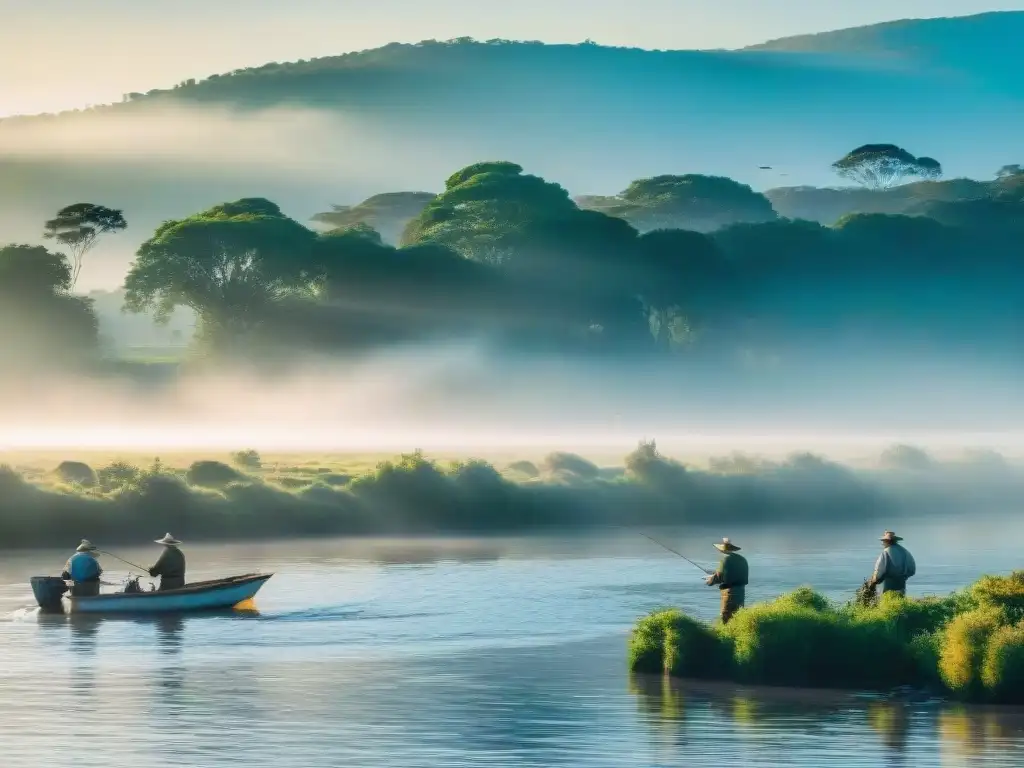 Pescadores experimentados disfrutan de la pesca deportiva en el río Uruguay al atardecer, rodeados de naturaleza