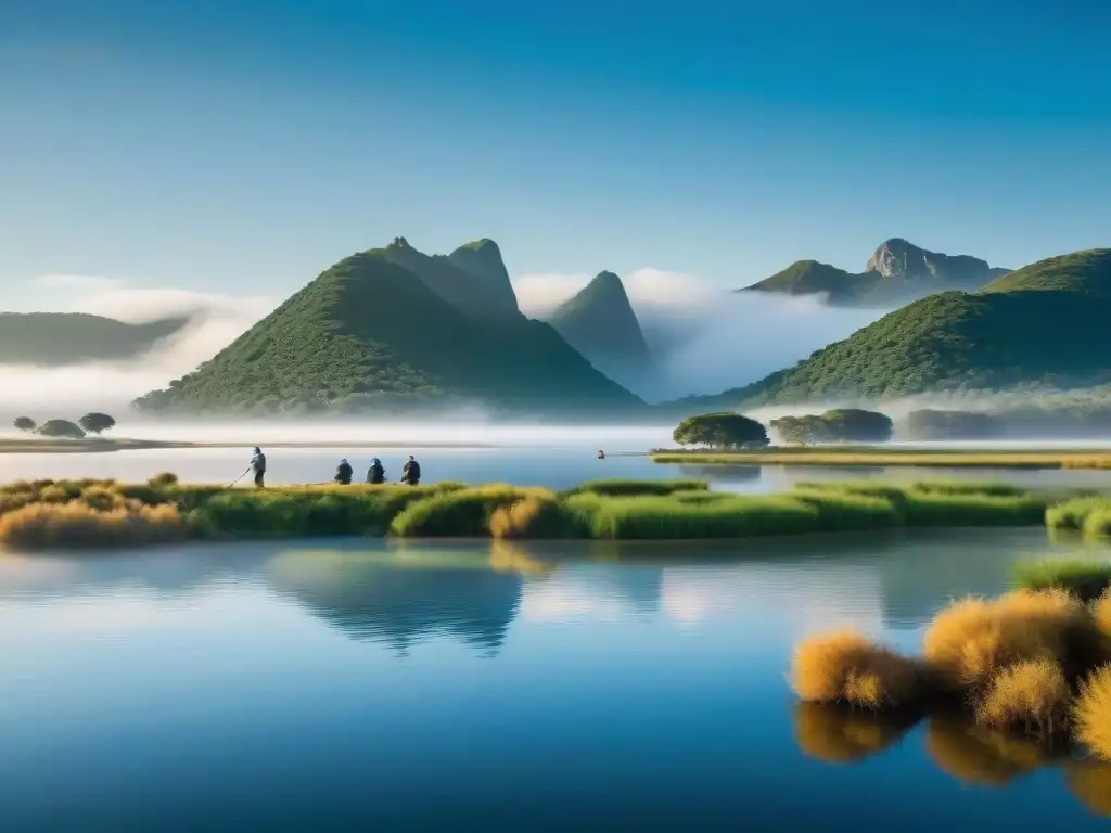 Pescadores en lago sereno de Uruguay, reflejos en el agua y paisaje exuberante