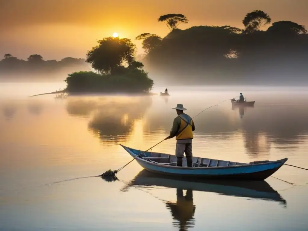 Pescadores locales lanzando redes al amanecer en el Río Uruguay