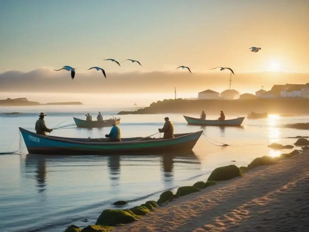 Pescadores locales de Uruguay practicando pesca sostenible al amanecer Pescadores practicando métodos de pesca sostenible en Uruguay al amanecer