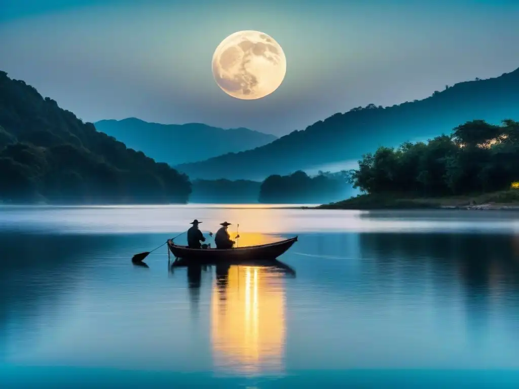 Pescadores en pequeñas embarcaciones bajo la luna llena en un lago tranquilo