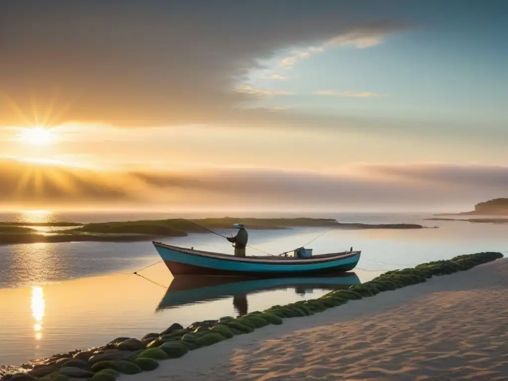 Pescadores disfrutan de la pesca deportiva en Uruguay al atardecer en un escenario costero sereno