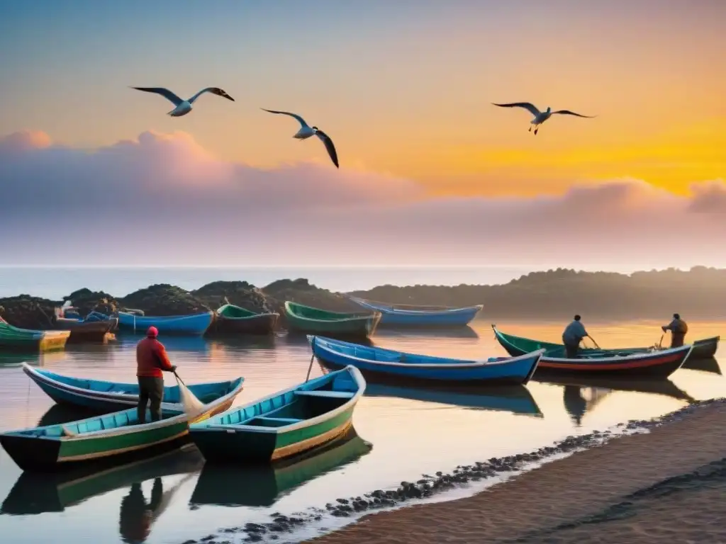 Pescadores en Rocha, Uruguay, recogiendo redes llenas de mariscos frescos bajo un atardecer pintoresco en un encantador pueblo pesquero