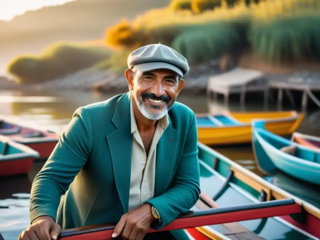 Pescadores rurales sonrientes junto a sus coloridas embarcaciones de madera en el río al amanecer