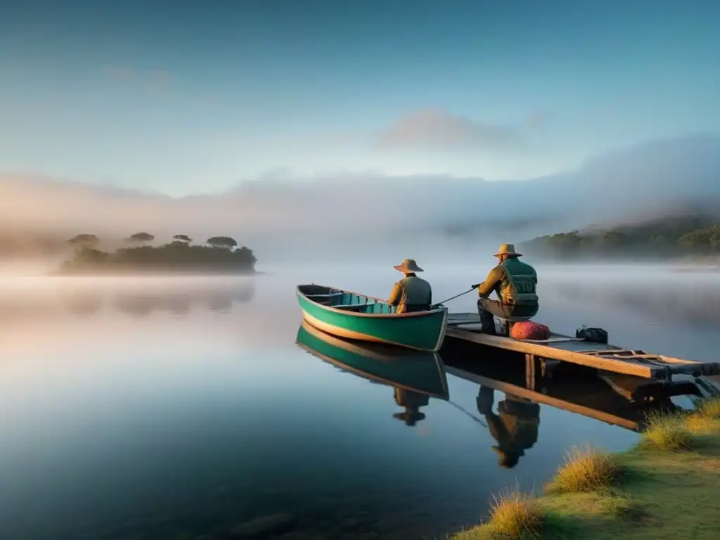 Pescadores preparando en silencio al amanecer en un lago sereno en Uruguay