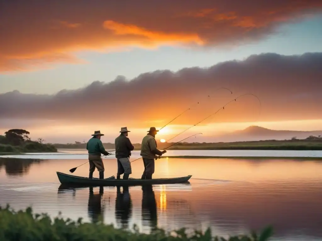 Pescadores uruguayos en un atardecer naranja, practicando la pesca con mosca en Uruguay