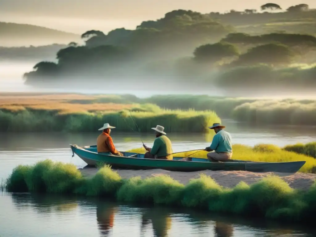 Pescadores uruguayos al amanecer, conectados con la naturaleza mientras practican la pesca deportiva en Uruguay tradiciones