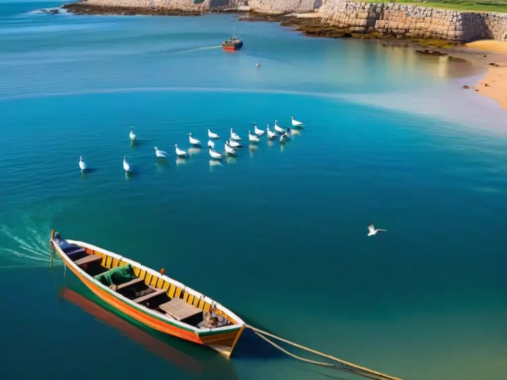 Pescadores uruguayos descargando su pesca del día en un bote tradicional, mostrando la vida costera y la importancia económica de la pesca en Uruguay