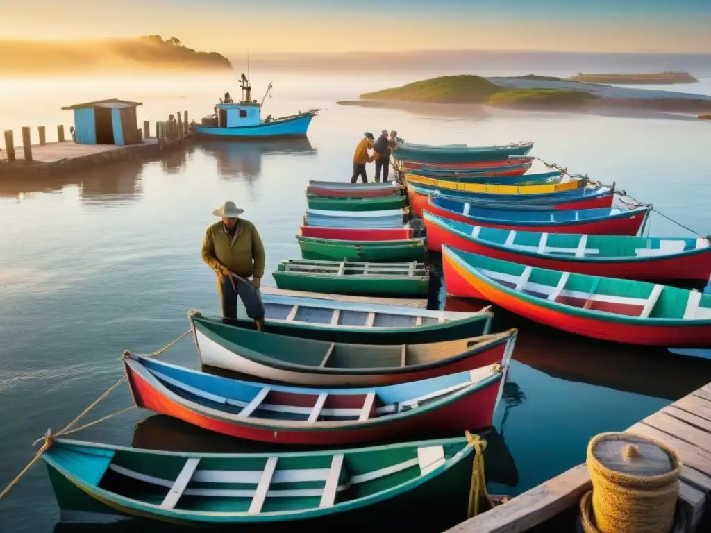 Pescadores uruguayos descargando capturas al amanecer en el puerto Pescadores uruguayos practicando pesca sostenible en un amanecer dorado en el puerto
