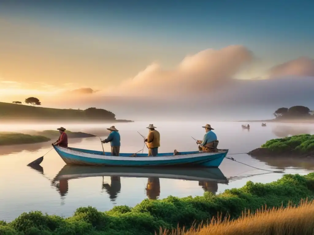 Pescadores uruguayos lanzando redes al amanecer en un río tranquilo