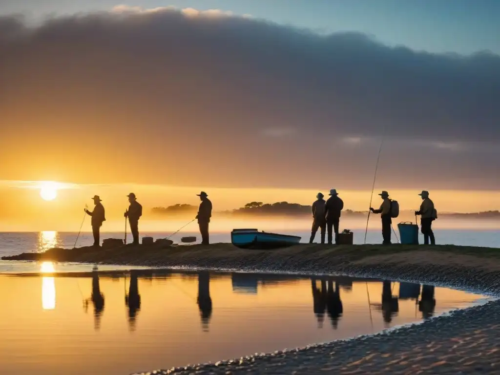 Pescadores uruguayos disfrutan de la serenidad al pescar desde la orilla al atardecer en Uruguay