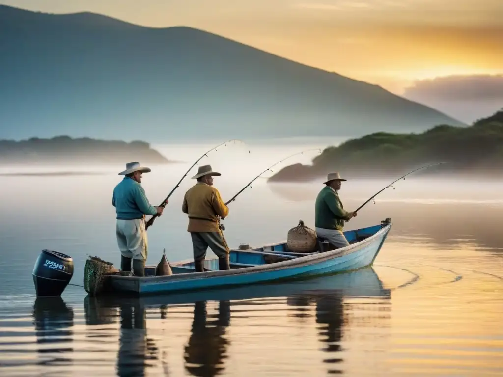 Pescadores uruguayos en tradicional atuendo lanzando líneas al amanecer en el Río de la Plata