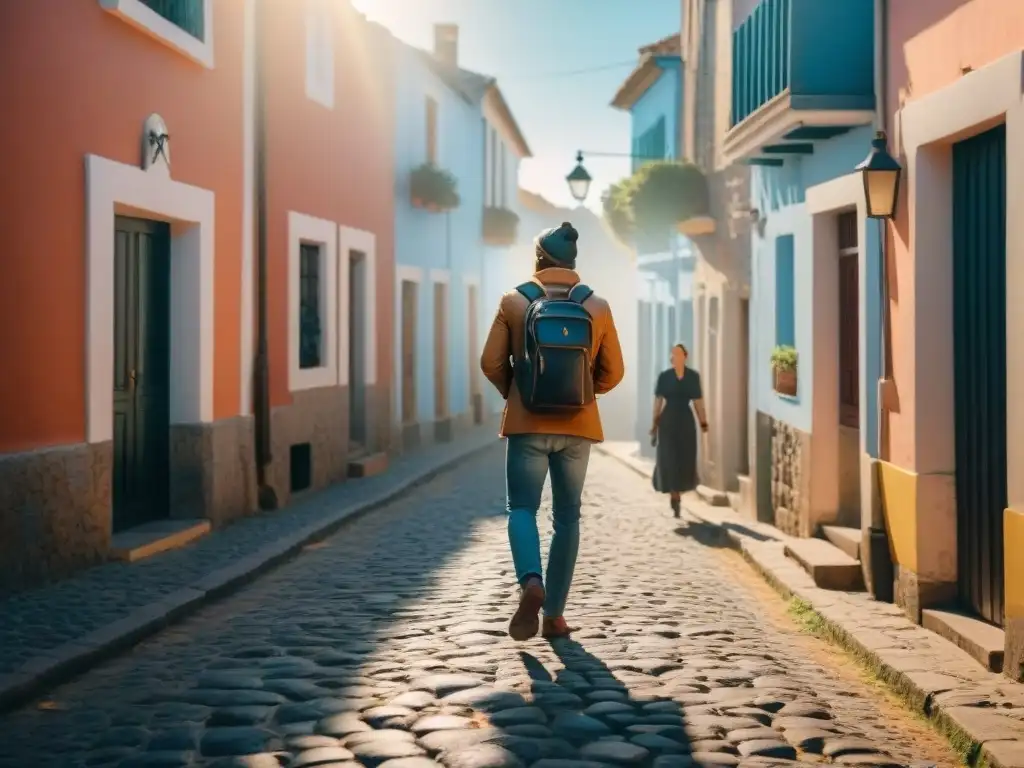 Explora Uruguay tours a pie: Grupo de turistas variados en Colonia del Sacramento, escuchando a guía local en calles empedradas