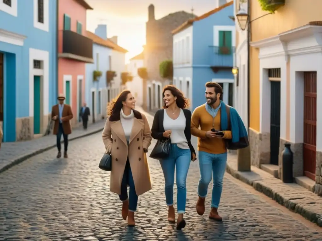 Explora Uruguay tours a pie: Turistas entusiastas recorren las encantadoras calles empedradas de Colonia del Sacramento al atardecer