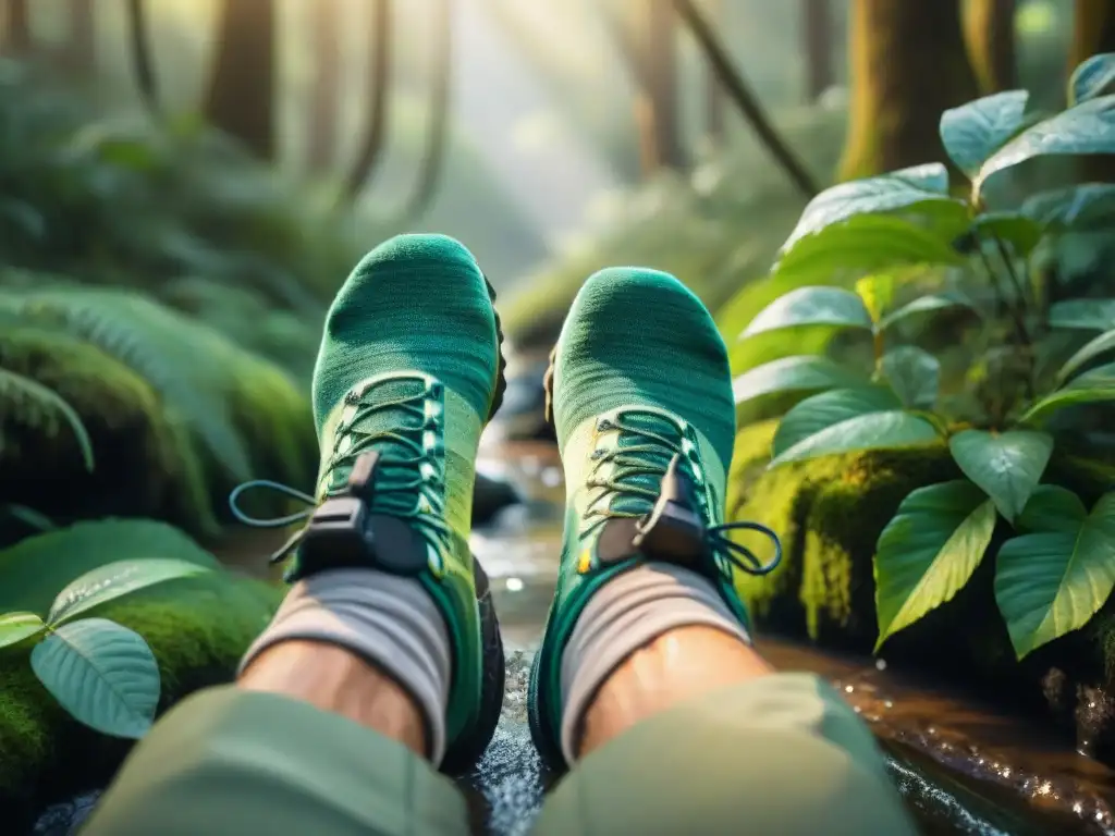 Pies de excursionista con mejores calcetines trekking impermeables, atravesando bosque verde en Uruguay