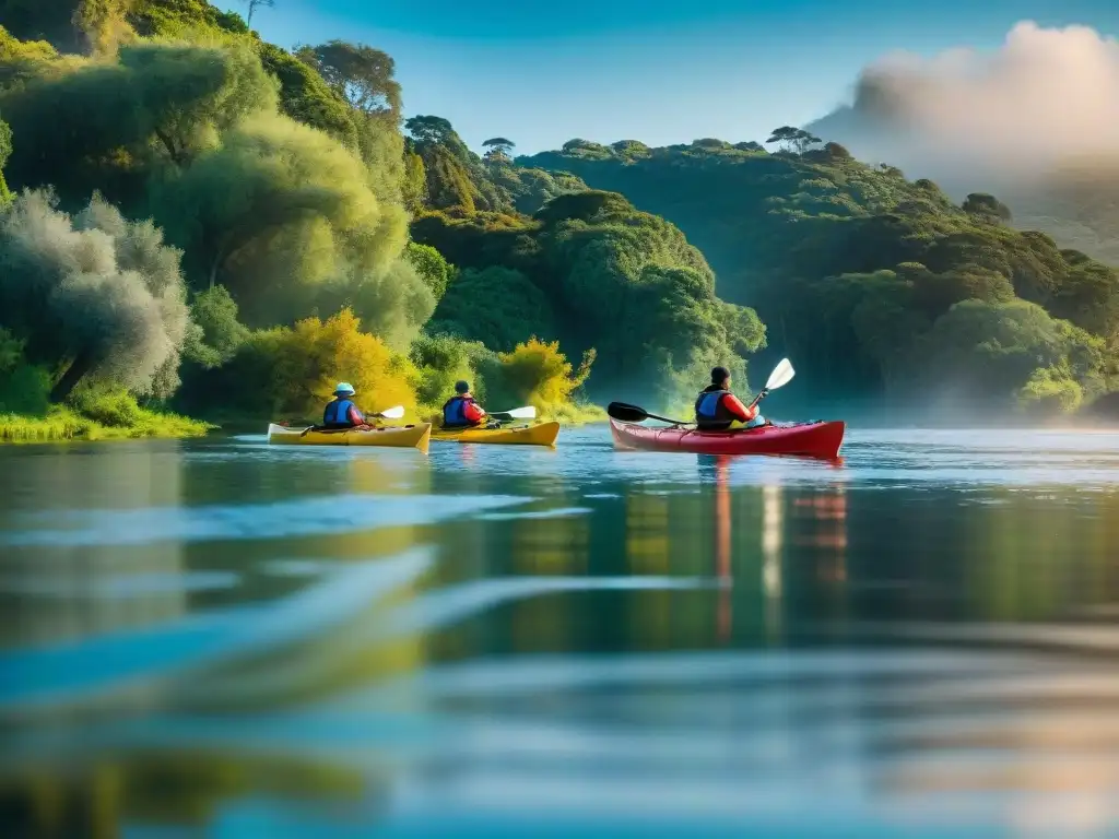 Pintoresca aventura en kayak por Uruguay con kayaks en río sereno rodeados de naturaleza exuberante y fauna colorida