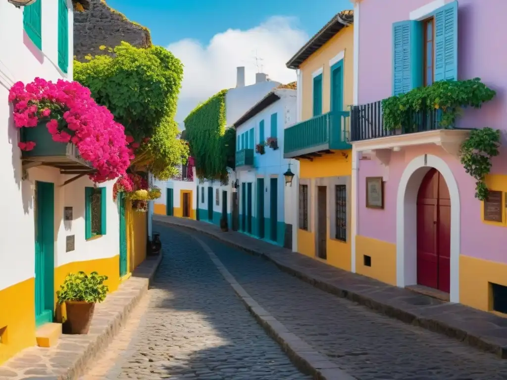 Pintoresca calle de adoquines en Colonia del Sacramento, Uruguay, con coloridos edificios coloniales y bougainvilleas en flor