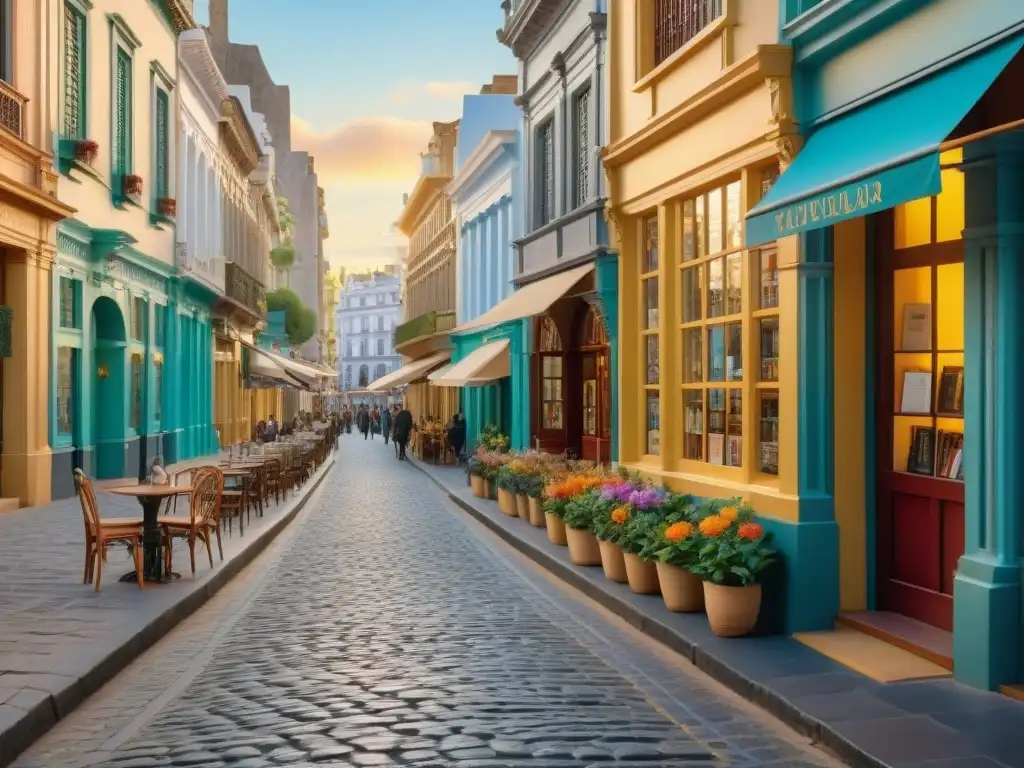 Pintoresca calle de Montevideo con librerías y cafés, riquezas naturales y culturales Uruguay