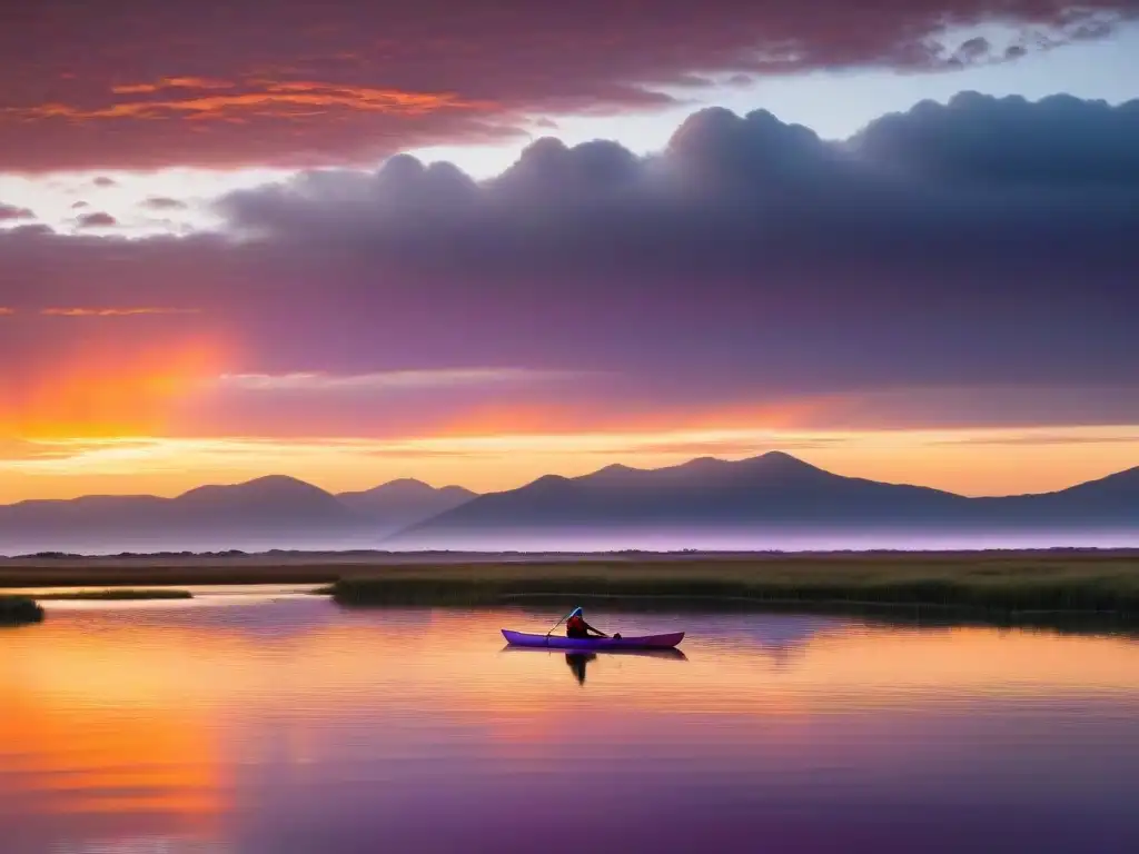 Una pintoresca puesta de sol sobre Laguna Garzón en Uruguay, con un kayak surcando sus aguas tranquilas