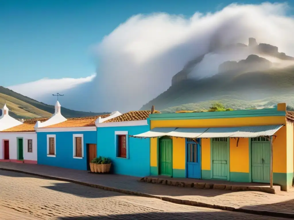 Pintoresca vida en un pueblo tradicional de Uruguay, con edificios coloniales coloridos y actividades cotidianas