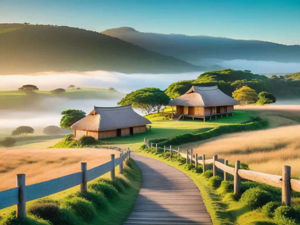 Pintorescas cabañas de madera en paisaje rural de Uruguay, reflejando lo mejor del turismo rural en Uruguay